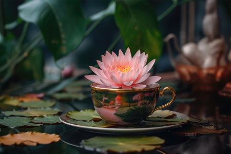 Beautiful pink lotus flower in the cup on the black backgroundの素材