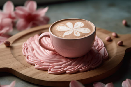Cup of cappuccino or latte art with pink marshmallow on wooden trayの素材