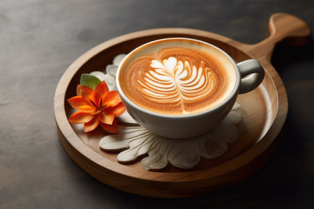 cup of coffee latte art on wooden tray with flower on tableの素材