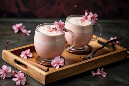 Coffee latte with pink cherry blossom on dark backgroundの素材