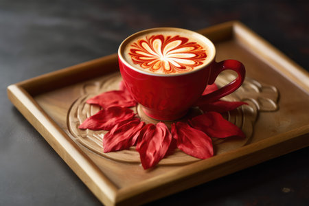 Cup of coffee with latte art on wooden tray on dark backgroundの素材