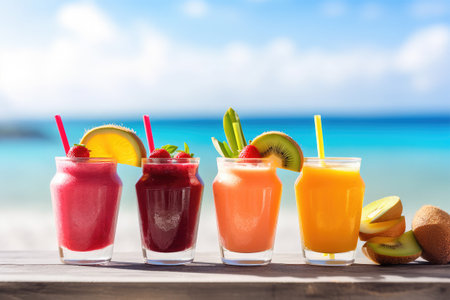Colorful smoothies on wooden table with tropical beach in background.の素材