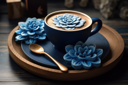 Cup of coffee with blue flower on wooden table, closeupの素材