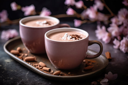 Two cups of hot chocolate with whipped cream and almonds, selective focusの素材