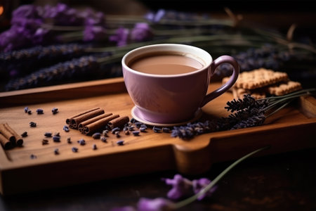 Cup of coffee with cinnamon and lavender flowers on wooden trayの素材