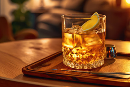 Glass of whiskey with ice cubes and lemon slice on wooden table in cafeの素材