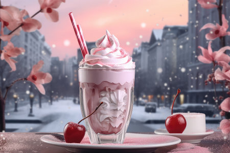 Cherry milkshake with whipped cream in glass on the background of the cityの素材