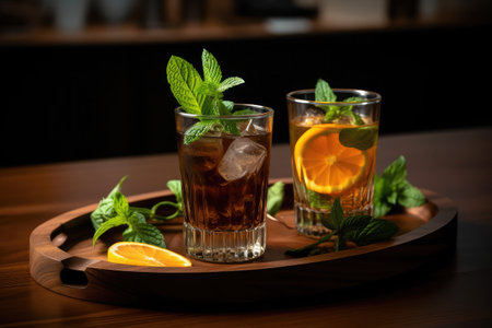 Two glasses of Cuba Libre cocktail with orange and mint on wooden trayの素材