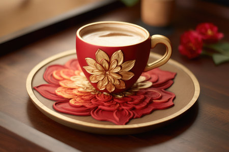 Cup of cappuccino on a wooden table with flowersの素材