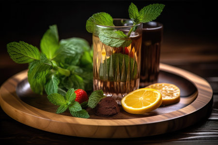 Cup of mint tea with lemon and ice cubes on wooden backgroundの素材