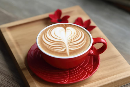Cup of coffee with heart shape latte art on wooden trayの素材