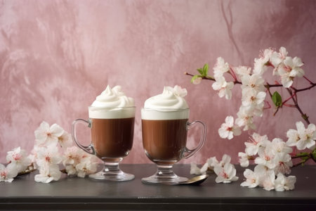 Two cups of coffee with whipped cream and cherry blossom on a tableの素材