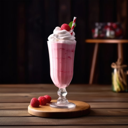 strawberry milkshake in a glass on a wooden tableの素材