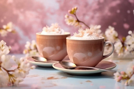 Two cups of cappuccino with whipped cream and cherry blossomsの素材
