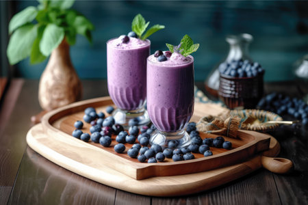 Blueberry smoothie with fresh berries on wooden background. Healthy food concept.の素材
