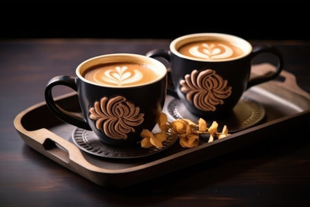 Two cups of coffee on a wooden tray. Dark background. Toned.の素材
