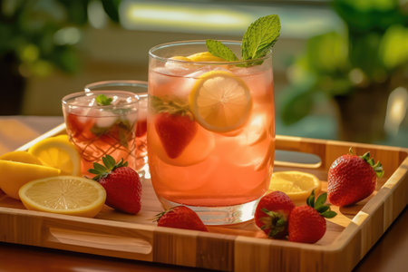Lemonade with strawberries, lemon and mint on a wooden trayの素材