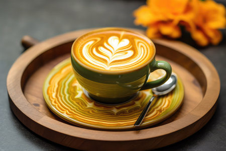 Cup of coffee latte art on wooden tray with flower backgroundの素材