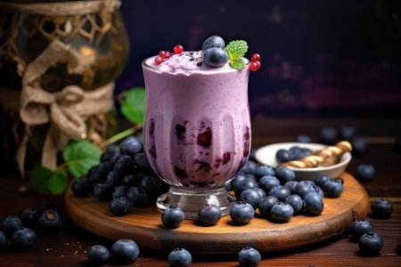 Blueberry smoothie with fresh berries in a glass on wooden backgroundの素材