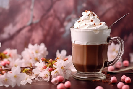 Coffee with whipped cream in a glass cup with cherry blossomsの素材