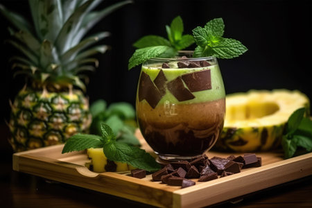 Chocolate smoothie with pineapple and mint in a glass on a wooden trayの素材