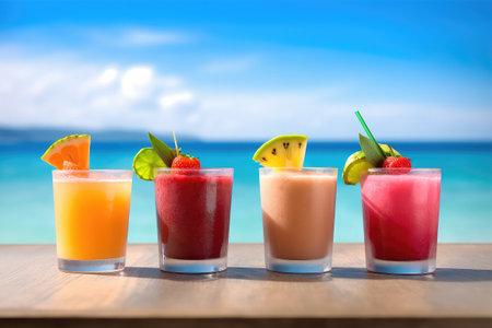 Fruit smoothies on the beach with sea and blue sky backgroundの素材