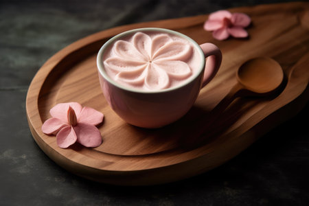 Cup of hot chocolate with marshmallow and flowers on wooden trayの素材