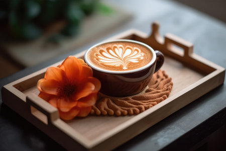 cup of coffee latte art on wooden tray and flower in cafeの素材