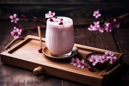 Cherry milkshake in a glass on a wooden tray.の素材