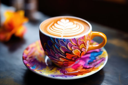 Coffee cup with latte art on wooden table, stock photoの素材