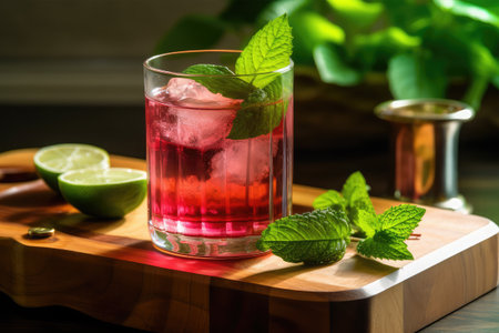 Red cocktail with lime, mint and ice on a wooden board.の素材