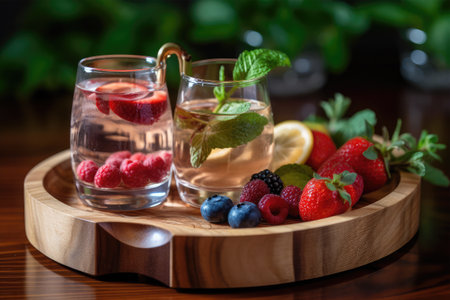 Glasses of lemonade with berries and mint on a wooden trayの素材