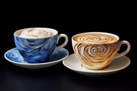 Two cups of coffee with latte art on a black background.の素材