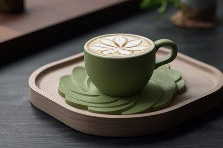 Cup of cappuccino with latte art on wooden trayの素材