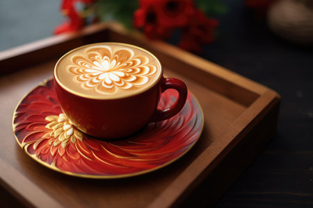 Cup of coffee latte art on wooden tray with red flowers.の素材