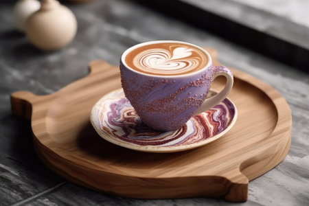 Cup of coffee with latte art on wooden tray, closeupの素材