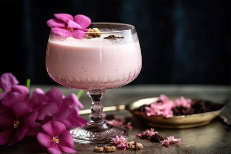 Yogurt with chocolate chips and pink flowers on a dark backgroundの素材