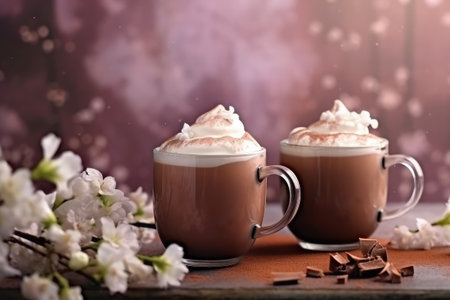 Two cups of hot chocolate with whipped cream and white flowers on a dark backgroundの素材