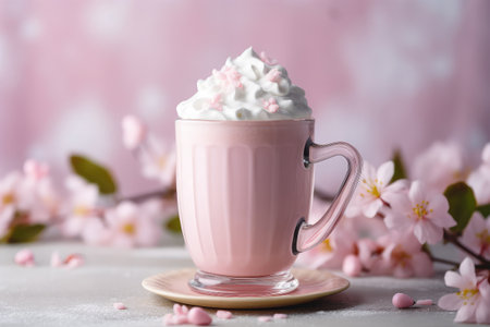 Cup of tasty milk shake with sakura flowers on light backgroundの素材
