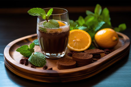 chocolate mousse with orange and mint in a glass on a wooden trayの素材
