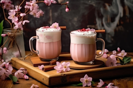 Two cups of hot chocolate with whipped cream and cherry blossoms.の素材
