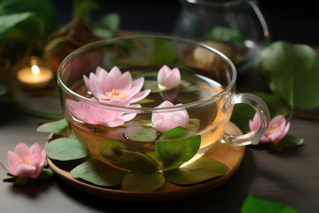 Cup of tea with lotus flowers on wooden table, closeupの素材