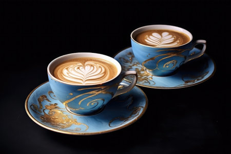 Two cups of cappuccino with latte art on black backgroundの素材