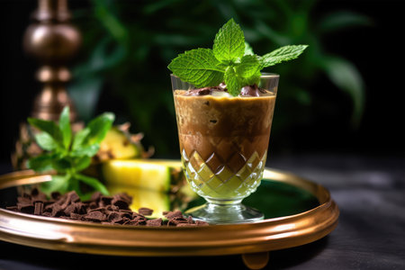 Iced chocolate with mint in a glass. Selective focus.の素材