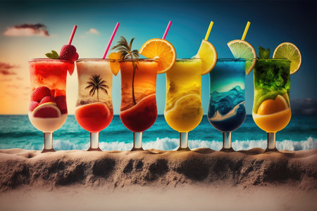Tropical cocktails on the beach at sunset. Colorful summer backgroundの素材