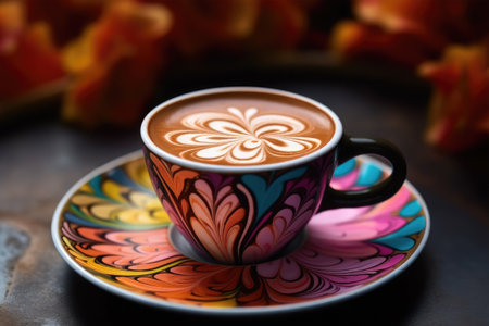 Cup of coffee with latte art on wooden table, close upの素材