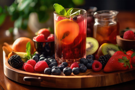 Refreshing summer sangria with fresh berries and mint on wooden tableの素材