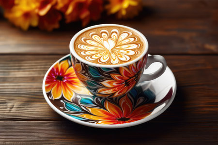 Cup of coffee with beautiful latte art on wooden background.の素材