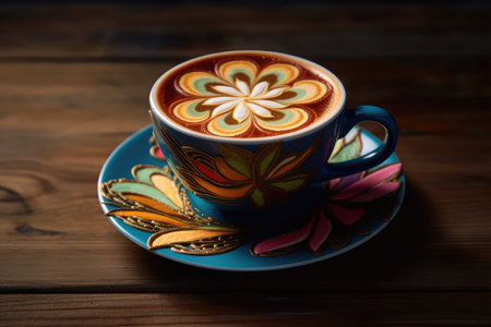 Cup of coffee with latte art on wooden background, close upの素材
