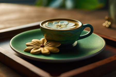 Cup of cappuccino with a flower on a green plateの素材